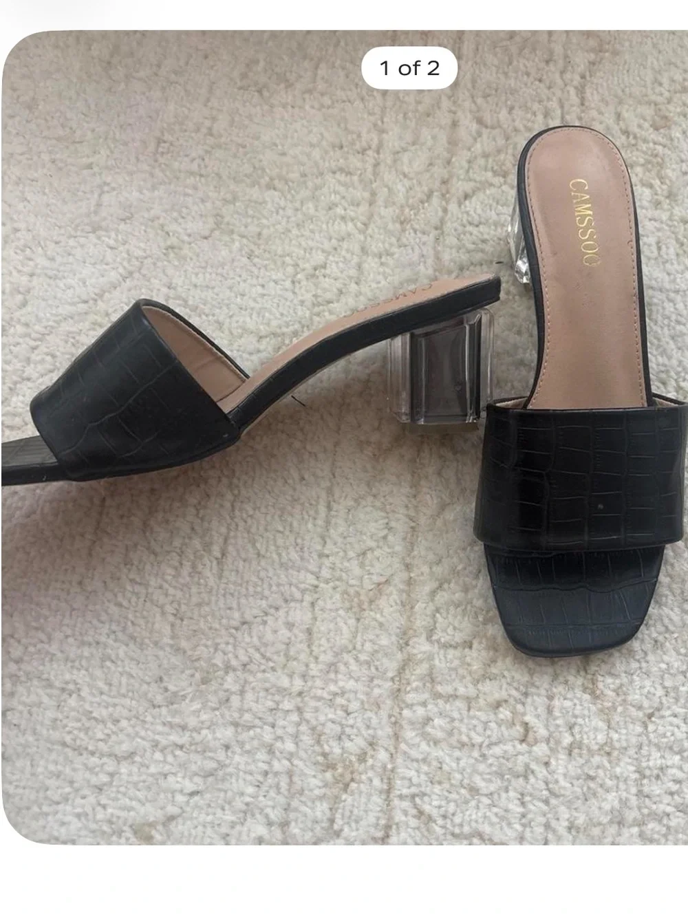 Casio Black Croc-Embossed Slide Heels with Clear Block Heel